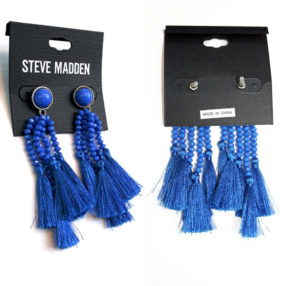 Blue Stone & Beaded Tassel Drop Earrings NWT - Picture 5 of 5